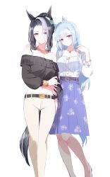  2girls absurdres animal_ears bangle bare_shoulders belt bird black_hair black_shirt blue_hair blue_skirt bracelet breasts closed_mouth crop_top crow feet_out_of_frame grey_eyes hair_bun hand_up highres horse_ears horse_girl horse_tail jewelry long_hair looking_at_viewer medium_breasts mejiro_ardan_(umamusume) mejiro_ramonu_(umamusume) midriff mole mole_under_eye multicolored_hair multiple_girls navel necklace off-shoulder_shirt off_shoulder pants purple_eyes romi_(346_ura) shirt shirt_tucked_in short_hair simple_background skirt small_breasts smile standing streaked_hair tail umamusume white_background white_pants white_shirt 