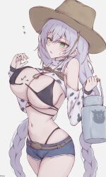  1006kbps absurdres animal_print armpit_crease artist_name azur_lane bare_shoulders bikini bikini_top_only black_bikini black_panties bottle braid breasts cow_print cowboy_hat denim denim_shorts fargo_(azur_lane) fargo_(dairy_in_the_dreary_sun)_(azur_lane) female flying_sweatdrops green_eyes hat highleg highleg_panties highres huge_breasts long_hair looking_at_viewer low_twin_braids milk_bottle mole mole_on_breast navel official_alternate_costume panties panties_under_shorts parted_lips short_shorts shorts simple_background solo stomach sweatdrop swimsuit twin_braids underwear very_long_hair wardrobe_malfunction white_background white_hair 