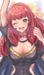  :d absurdres arm_up black_unitard breasts coral_3535 dot_nose facial_mark female fire_emblem fire_emblem_engage hair_ornament highres large_breasts long_hair looking_at_viewer one_eye_closed red_eyes red_hair smile solo star_(symbol) star_facial_mark star_hair_ornament teeth upper_body upper_teeth_only yunaka_(fire_emblem) 