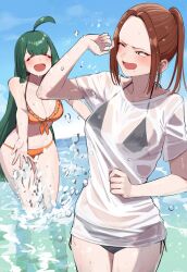  2girls ahoge ayatak0517 bikini black_bikini breasts brown_hair closed_eyes day green_hair highres komi-san_wa_komyushou_desu large_breasts light_blush long_hair medium_breasts mole mole_under_mouth multiple_girls navel ocean onemine_nene open_mouth orange_bikini otori_kaede outdoors see-through see-through_shirt shirt splashing swimsuit water wet wet_clothes wet_shirt 