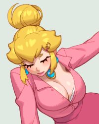  alternate_costume alternate_hairstyle blonde_hair blush bra breasts brooch cleavage closed_eyes earrings english_commentary female hair_bun hair_focus hair_ornament hairclip jewelry large_breasts long_hair mario_(series) office_lady pink_lips pink_suit princess_peach riz sidelocks single_hair_bun solo sphere_earrings suit thick_eyebrows thick_lips underwear updo white_background 