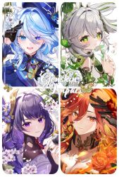  4girls ahoge animal ascot bare_shoulders bird black_gloves blue_ascot blue_brooch blue_hair blue_hat blue_jacket blunt_bangs blurry blurry_foreground blush bracelet braid branch breasts bridal_gauntlets chromatic_aberration cleavage closed_mouth commentary dappled_sunlight detached_sleeves drop-shaped_pupils earrings english_commentary english_text eyelashes fire flower from_side furina_(genshin_impact) gem genshin_impact gloves gradient_hair green_eyes green_gemstone green_hair green_sleeves hair_between_eyes hair_ornament hand_up hands_up hat head_tilt heterochromia highres holding holding_flower jacket japanese_clothes jewelry leaf_hair_ornament light_blue_hair light_smile long_braid long_hair looking_at_viewer looking_to_the_side mavuika_(genshin_impact) medium_breasts mitsudomoe_(shape) mole mole_under_eye multicolored_hair multiple_girls nahida_(genshin_impact) neck_ribbon off_shoulder open_mouth orange_hair outdoors own_hands_together parted_lips pointy_ears purple_eyes purple_hair raiden_shogun red_hair red_ribbon ribbon sidelocks single_braid smile star-shaped_pupils star_(symbol) streaked_hair sunlight symbol-shaped_pupils tattoo teeth tomoe_(symbol) top_hat ttorong two-tone_hair upper_body upper_teeth_only very_long_hair water water_drop white_flower white_hair 