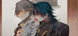  2boys bandaged_hand bandages bite_mark black_coat black_jacket blade_(honkai:_star_rail) blue_hair blush caelus_(honkai:_star_rail) closed_eyes closed_mouth coat dark_blue_hair earrings fingernails grey_hair hair_between_eyes half-closed_eyes hand_up highres honkai:_star_rail honkai_(series) hood hooded_jacket indoors j7bge04 jacket jewelry licking licking_another&#039;s_neck long_hair looking_at_another male_focus multiple_boys open_clothes open_jacket open_mouth shirt short_hair single_earring smile sweat t-shirt teeth tongue tongue_out trailblazer_(honkai:_star_rail) two-sided_fabric two-sided_jacket upper_body white_shirt yaoi yellow_eyes yellow_jacket 