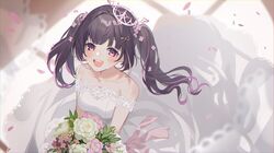  :d bare_shoulders birthmark black_hair blush bouquet collarbone commentary commission dress english_commentary falling_petals female flower from_above hair_flower hair_ornament hairclip heart highres himemiya_rie holding holding_bouquet kino_(m6t2a) lace-trimmed_dress lace_trim looking_at_viewer multicolored_hair petals phase_connect pink_eyes pink_flower pink_hair rose shadow smile solo strapless strapless_dress streaked_hair teeth tiara twintails upper_teeth_only virtual_youtuber wedding_dress white_dress white_flower white_rose window_shadow 