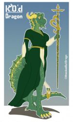  3:5 anthro big_tail bottomwear breasts clothing dragonborn_(dnd) dress dungeons_and_dragons female gold_scales green_body hasbro hi_res kenalatras_verata knockedoutdragon loincloth magic_staff medieval_clothing solo tail wizards_of_the_coast yellow_eyes 