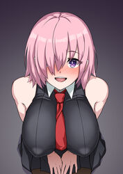  :d bare_shoulders blush breasts fate/grand_order fate_(series) female highres large_breasts looking_at_viewer mash_kyrielight muta_poo necktie nose_blush pink_hair purple_eyes short_hair sleeveless smile solo 