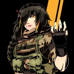  alternate_costume black_background braid braided_ponytail brown_hair commission cosplay crossover eyepatch female fingerless_gloves girls&#039;_frontline gloves highres horns lips long_hair m16a1_(girls&#039;_frontline) metal_gear_(series) metal_gear_solid_v:_the_phantom_pain military military_uniform multicolored_hair scar scar_across_eye scar_on_face simple_background single_horn streaked_hair tactical_clothes uniform venom_snake venom_snake_(cosplay) warfakaid yellow_eyes 