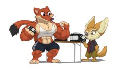  abs anthro biceps big_muscles bottomwear canid canine clothing disney duke_weaselton duo fennec_fox finnick_(zootopia) fox hi_res kheel male mammal muscular muscular_anthro muscular_male mustelid musteline pecs shirt shorts tank_top topwear true_fox true_musteline undersized_clothing vein veiny_muscles weasel zootopia 