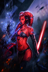  bare_shoulders black_bra black_gloves black_thighhighs bra breasts colored_skin commentary darth_talon dleoblack elbow_gloves electricity energy_sword english_commentary female force_lightning gloves highres holding holding_lightsaber holding_sword holding_weapon lekku_(anatomy) lightsaber navel pelvic_curtain pointy_ears red_lightsaber red_skin reverse_grip solo standing star_wars star_wars:_legacy sword tattoo thighhighs twi&#039;lek underwear weapon yellow_eyes 