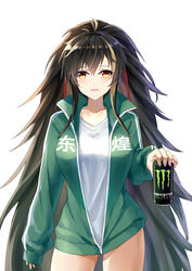  absurdres ahoge akusamu alternate_costume azur_lane black_hair bottomless breasts can cowboy_shot female green_jacket hair_between_eyes harbin_(azur_lane) highres holding holding_can jacket large_breasts long_hair mole mole_under_eye monster_energy multicolored_hair open_clothes open_jacket ponytail product_placement shirt sleeves_past_wrists streaked_hair white_background white_shirt yellow_eyes 