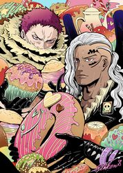  2boys asymmetrical_hair biliken blush cake charlotte_katakuri closed_mouth covered_mouth cupcake dark-skinned_male dark_skin doughnut facial_tattoo food gloves grey_hair highres holding holding_food jacket king_(one_piece) leather leather_gloves lips long_hair male_focus multiple_boys one_piece oversized_food oversized_object purple_eyes purple_hair red_eyes scarf scarf_over_mouth shiny_clothes short_hair signature spikes stitches sweat sweets tattoo 