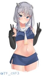  black_gloves blue_skirt cowboy_shot crop_top elbow_gloves fake_horns female gloves gradient_neckerchief grey_eyes grey_hair grey_neckerchief hair_ornament headgear horned_headwear horns i-201_(kancolle) kantai_collection long_hair navel neckerchief pencil_skirt sailor_collar skirt solo tf_cafe twitter_username white_background white_neckerchief white_sailor_collar x_hair_ornament 