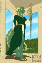  2:3 anthro big_tail bottomwear breasts clothing dragonborn_(dnd) dress dungeons_and_dragons female gold_scales green_body hasbro hi_res kenalatras_verata knockedoutdragon loincloth magic_staff medieval_clothing solo tail wizards_of_the_coast yellow_eyes 