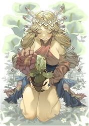  bare_shoulders blonde_hair breasts bridal_gauntlets closed_eyes criss-cross_halter detached_sleeves female flower hair_flower hair_ornament hair_tubes halterneck highres imu_(lom) kneeling large_breasts legend_of_mana lil&#039;_cactus long_hair medium_breasts poch4n seiken_densetsu solo 