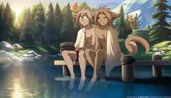  2022 7:4 adobe_photoshop_(artwork) anthro barefoot basitin bent_legs brown_body brown_fur chest_tuft clothed clothing colored conditional_dnp crossed_ankles crossed_arms crossed_legs detailed_background digital_media_(artwork) digitigrade duo eye_scar facial_scar feet feet_in_water forest fur hi_res keith_keiser lake legs_over_edge male male/male mammal nickolai_alaric nude one_eye_closed outside partially_submerged pier plant scar sitting smile soaking_feet tail tail_coil tail_on_tail tan_body tan_fur text tom_fischbach topless topless_male towel towel_only tree tuft twokinds url water wet 