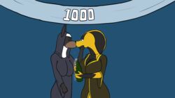  16:9 alcohol animated anthro beverage breast_jiggle canid canine canis celebration champagne champagne_bottle circe_(ruanshi) cobra domestic_dog duo euphemism female female/female flat_colors francine_(ruanshi) hi_res jiggling kissing mammal milestone public reptile ruanshi scalie short_playtime snake surprise_kiss wet widescreen 