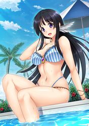  :d bare_arms bare_legs bikini black_hair blue_sky breasts bush cloud collarbone day female flower highres jinki jinki_resurrection long_hair looking_at_viewer medium_breasts navel official_art open_mouth outdoors palm_tree pool poolside purple_eyes sidelocks sitting sky smile soaking_feet solo stomach striped_bikini striped_clothes swimsuit tree tsunashima_shirou tsuzaki_aoba vertical-striped_bikini vertical-striped_clothes wet wing_hair_ornament 