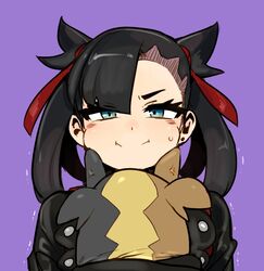  :i asymmetrical_bangs black_hair black_jacket blue_eyes commentary doppel_(bonnypir) ear_piercing female hair_ribbon jacket long_hair marnie_(pokemon) morpeko morpeko_(full) piercing pokemon pokemon_(creature) pokemon_swsh purple_hair ribbon sweat symbol-only_commentary undercut upper_body veins 