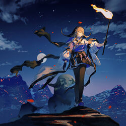  animal arknights bangs black_gloves black_legwear blue_footwear blue_shirt buffalo cloud commentary english_commentary female full_body full_moon gloves grey_hair grey_skirt hair_between_eyes highres holding holding_torch horns jacket lirseven long_hair moon open_clothes open_jacket pallas_(arknights) pantyhose petals shirt signature skirt solo standing star_(sky) torch 