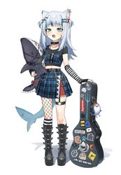  :o alternate_costume animal_ear_fluff animal_ears aqua_eyes belt black_collar black_shirt bloop_(gawr_gura) blue_hair blue_skirt boots bubba_(watson_amelia) cat_ears chains collar commentary death-sensei_(mori_calliope) ear_piercing elbow_gloves english_commentary female fingerless_gloves fins fish_tail fishnets full_body gawr_gura gloves highres hololive hololive_english jewelry kotori_(takanashi_kiara) light_blue_hair light_blush long_hair mashilemo minecraft minecraft_pickaxe multicolored_hair nail_polish necklace open_mouth parental_advisory piercing shark_girl shark_tail sharp_teeth shirt simple_background skirt solo streaked_hair striped_clothes striped_gloves stuffed_animal stuffed_shark stuffed_toy supreme_(brand) tail takodachi_(ninomae_ina&#039;nis) teeth two_side_up virtual_youtuber white_background 