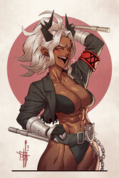  abs absurdres armband black_bra black_jacket black_panties bra breasts closed_eyes commentary dark-skinned_female dark_skin english_commentary female helltaker highres jacket joseph_virtuoso judgement_(helltaker) laughing muscular muscular_female panties red_armband solo stomach thighs underwear white_hair 