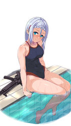  bare_shoulders barefoot blue_eyes braid breasts female girls&#039;_frontline grey_hair gun h&amp;k_mp5 hair_between_eyes hair_ornament hairclip highres jamgom long_hair looking_at_viewer medium_breasts mp5_(girls&#039;_frontline) navel one-piece_swimsuit pool poolside sitting smile soaking_feet solo submachine_gun swimsuit thighs weapon white_background 