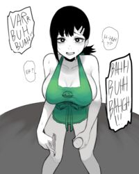  apron black_eyes black_hair blush breasts chainsaw_man cup disposable_coffee_cup disposable_cup english_text female green_apron higashiyama_kobeni highres holding holding_pen iced_latte_with_breast_milk_(meme) large_breasts meme naked_apron nyxkz open_mouth pen short_ponytail smile solo speech_bubble standing sweat sweatdrop teeth upper_teeth_only 