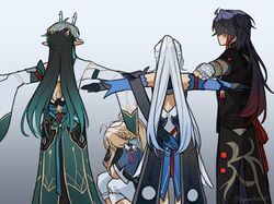  3boys ahoge assert_your_dominance_(meme) bandaged_hand bandages bare_shoulders black_hair black_jacket blade_(honkai:_star_rail) blonde_hair commentary dan_heng_(honkai:_star_rail) dan_heng_(imbibitor_lunae)_(honkai:_star_rail) english_commentary female from_behind gradient_hair green_hair grey_background grey_hair highres honkai:_star_rail honkai_(series) horns jacket jingliu_(honkai:_star_rail) long_sleeves lynne_(lynneleeh17) meme multicolored_hair multiple_boys pointy_ears shirt t-pose white_shirt wide_sleeves yanqing_(honkai:_star_rail) 