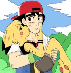  anthro anthrofied ash&#039;s_pikachu backwards_baseball_cap backwards_hat baseball_cap black_eyes bottomwear bruised carrying_another clothed clothing detailed_background duo female fur generation_1_pokemon hair hat headgear headwear hi_res human interspecies larger_human larger_male licking long_ears love male male/female mammal mouse murid murine nintendo outside pikachu pokemon pokemon_(anime) pokemon_(species) pokemon_trainer pokemorph rodent romantic romantic_couple satoshi_(pokemon) short_fur short_hair shorts size_difference smaller_anthro smaller_female tongue tongue_out yellow_body yellow_fur yellow_skin 