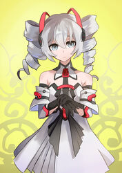  :i absurdres bare_shoulders black_gloves bronya_zaychik bronya_zaychik_(drive_kometa) bronya_zaychik_(yamabuki_armor) changeisgood chinese_commentary closed_mouth commentary dress drill_hair female gloves green_background grey_eyes grey_skirt hair_between_eyes hair_ornament hand_on_own_arm highres honkai_(series) honkai_impact_3rd looking_at_viewer looking_to_the_side skirt solo twin_drills white_dress 