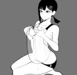  bright_pupils chainsaw_man closed_mouth collared_shirt commentary female grey_background greyscale higashiyama_kobeni highres mole mole_under_eye mole_under_mouth monochrome multiple_moles nyxkz panties ponytail seiza shirt short_ponytail shorts simple_background single_sidelock sitting sleeveless solo sweat swept_bangs tank_top underwear 