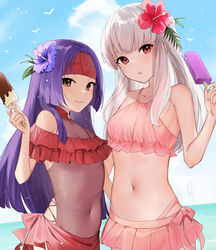  2girls alternate_costume bikini collarbone commentary_request covered_navel fire_emblem fire_emblem:_radiant_dawn fire_emblem:_three_houses flower food frilled_bikini frills hair_flower hair_ornament haru_(nakajou-28) headband hibiscus holding holding_food leotard long_hair looking_at_viewer lysithea_von_ordelia melting multiple_girls navel outdoors partial_commentary pink_bikini pink_eyes popsicle purple_hair red_bikini red_flower red_headband sanaki_kirsch_altina see-through see-through_leotard smile swimsuit very_long_hair white_hair yellow_eyes 