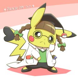  :&lt; adjusting_eyewear blunt_bangs brown_hair closed_mouth clothed_pokemon commentary cosplay_pikachu eyelashes full_body glasses green_ribbons green_vest hair_ribbon hand_up hat highres lab_coat no_humans pants pikachu pikachu_phd pokemon pokemon_(creature) ribbon round_eyewear shoes solo split_mouth standing twintails vest yoshio_(yoshi00000091) 