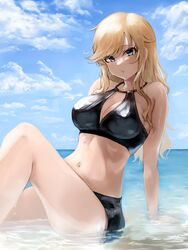  absurdres arm_support bad_id bad_twitter_id bare_legs beach bikini black_bikini blonde_hair blue_eyes blue_sky breasts cleavage cloud day female highres horizon idolmaster idolmaster_cinderella_girls knee_up lamp_p9 large_breasts long_hair looking_at_viewer navel ohtsuki_yui on_ground outdoors reflection reflective_water refraction sideboob sitting sky solo swimsuit very_long_hair water_drop wavy_hair 