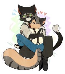  anthro blush claws clothing duo embarrassed felid feline heart_symbol hi_res hug lackadaisy love male male/male mammal marsh_ber mordecai_heller necktie nuzzling on_lap reluctant rocky_rickaby secretly_loves_it simple_background sitting_on_lap smile suit 