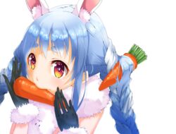  animal_ear_fluff animal_ears black_gloves blue_hair braid carrot_hair_ornament extra_ears female food-themed_hair_ornament fur-trimmed_gloves fur_scarf fur_trim gloves hair_ornament highres hikimayu hololive long_hair looking_at_viewer mouth_hold multicolored_hair orange_eyes portrait rabbit-shaped_pupils rabbit_ears rabbit_girl scarf short_eyebrows simple_background solo swept_bangs symbol-shaped_pupils thick_eyebrows twin_braids twintails two-tone_hair usada_pekora usada_pekora_(1st_costume) virtual_youtuber white_background white_hair white_scarf xxxx 