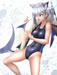  absurdres animal_ear_fluff animal_ears black_one-piece_swimsuit blue_archive blue_eyes breasts competition_swimsuit covered_navel cowboy_shot cross_hair_ornament doro9363 extra_ears female fish grey_hair hair_ornament halo highres low_ponytail marlin_(fish) medium_breasts medium_hair mismatched_pupils multicolored_clothes multicolored_swimsuit official_alternate_costume one-piece_swimsuit shiroko_(blue_archive) shiroko_(swimsuit)_(blue_archive) smile solo swimsuit swordfish wolf_ears 