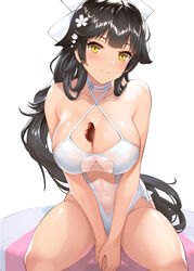  azur_lane bad_id bad_pixiv_id black_hair blush bow breast_hold breasts brown_eyes casual_one-piece_swimsuit cleavage criss-cross_halter eyelashes female flower hair_flaps hair_flower hair_ornament hairbow halterneck heart-shaped_food large_breasts long_hair looking_at_viewer mokyumokyuchan official_alternate_costume one-piece_swimsuit ponytail sitting smile solo swimsuit takao_(azur_lane) takao_(beach_rhapsody)_(azur_lane) very_long_hair white_bow white_one-piece_swimsuit 