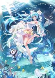  :d air_bubble anklet barefoot bison_cangshu blue_eyes blue_hair breasts bubble caustics chinese_commentary clam_shell commentary_request coral detached_sleeves dress female fish frills full_body gem hair_ornament hatsune_miku high_heels highres jewelry light_rays long_hair looking_at_viewer mermaid_costume miku_with_you_(vocaloid) necklace official_art open_mouth panda pearl_(gemstone) sandals see-through see-through_sleeves smile submerged textless_version thigh_strap twintails underwater very_long_hair vocaloid water 