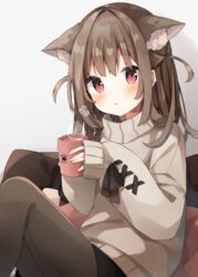  animal_ear_fluff animal_ears black_pantyhose blush brown_hair cat_ears cat_girl commentary_request cross-laced_clothes cross-laced_sleeves cup eyes_visible_through_hair female hands_up heripiro highres holding holding_cup knees_up long_hair long_sleeves looking_at_viewer mug mug_writing original pantyhose parted_lips red_eyes romaji_text simple_background sleeves_past_wrists solo steam sweater two_side_up white_background white_sweater 