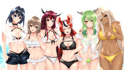  6+girls absurdres animal_ears antler_ring antlers bikini blue_eyes blue_hair breasts brown_eyes brown_hair ceres_fauna choker cleavage closed_eyes criss-cross_halter dark-skinned_female dark_skin eyewear_on_head frilled_bikini frills green_hair hair_intakes hakos_baelz halterneck heterochromia highres holocouncil hololive hololive_english horns irys_(hololive) large_breasts light_brown_hair medium_breasts mouse_ears mouse_girl multicolored_hair multiple_girls multiple_horns nanashi_mumei navel o-ring o-ring_bikini one_eye_closed open_mouth ouro_kronii popcornflakes purple_eyes purple_hair red_hair smile streaked_hair sunglasses swimsuit tsukumo_sana virtual_youtuber yellow_eyes 