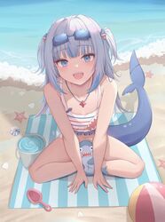  bare_arms bare_shoulders beach bikini bloop_(gawr_gura) blue_eyes blue_hair blunt_bangs blush bucket bucket_of_water commentary day dchiang english_commentary eyewear_on_head female fins fish_tail full_body gawr_gura grey_hair hair_ornament highres hololive hololive_english indian_style long_hair looking_at_viewer multicolored_hair navel official_alternate_costume open_mouth outdoors seashell shark_girl shark_hair_ornament shark_tail sharp_teeth shell shovel sidelocks sitting solo streaked_hair striped_bikini striped_clothes swimsuit tail teeth two_side_up v_arms virtual_youtuber water white_bikini 