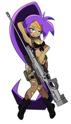  blue_eyes breasts cleavage cosplay datwondoude female gun highres metal_gear_(series) metal_gear_solid_v:_the_phantom_pain open_mouth pointy_ears ponytail purple_hair quiet_(metal_gear) quiet_(metal_gear)_(cosplay) shantae shantae_(series) solo weapon white_background 