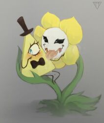  1_eye bill_cipher bodily_fluids bow_tie clothing disney duo flower flowey_the_flower gfolz gravity_falls hat headgear headwear male male/male mammal not_furry plant saliva saliva_on_body saliva_on_tongue simple_background smile tears triangle_(shape) undertale undertale_(series) yellow_body 