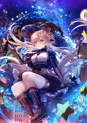  black_gloves black_hat black_skirt blonde_hair blue_capelet blue_eyes blurry blush boots broom broom_riding brown_footwear cancer_(symbol) capelet chocolate closed_mouth commentary commentary_request constellation depth_of_field elbow_gloves female gemini_(symbol) gloves hair_between_eyes hand_up hat heart high-waist_skirt highres knee_boots komorihikki legs leo_(symbol) long_hair magic night night_sky original partial_commentary shirt skirt sky solo sparkle star_(sky) star_(symbol) starry_sky very_long_hair white_shirt witch witch_hat zodiac_wheel 