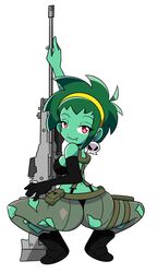  ahoge ass bare_shoulders colored_skin crop_top datwondoude earrings female green_hair green_skin hairband highres jewelry looking_at_viewer looking_back red_eyes rottytops shantae_(series) short_hair simple_background skull_earrings solo torn_clothes yellow_hairband zombie 