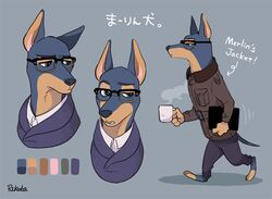  alternate_species anthro canid canine canis clothed clothing color_swatch container crossover cup disney domestic_dog english_text eyewear fully_clothed glasses grey_background holding_container holding_cup holding_object japanese_text kingsman_the_secret_service mammal merlin_(kingsman) rikuta_tp simple_background solo text walking zootopia 