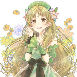  atelier_(series) atelier_ayesha ayesha_altugle blonde_hair blush bow brown_eyes dress female flower green_dress hair_flower hair_ornament hani_(udauda) long_hair looking_at_viewer off-shoulder_dress off_shoulder open_mouth own_hands_together simple_background smile solo upper_body waist_bow white_background wrist_cuffs 