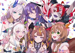  6+girls ahoge airani_iofifteen airani_iofifteen_(1st_costume) animal_ears anya_melfissa anya_melfissa_(1st_costume) area_15 ayunda_risu ayunda_risu_(1st_costume) bare_shoulders black_choker blonde_hair bow breasts brown_hair choker colored_skin double_bun dress everyone feather_hair_ornament feathers gradient_hair green_eyes grey_hair hair_bun hair_ornament hairbow heterochromia hololive hololive_indonesia holoro jitome kureiji_ollie kureiji_ollie_(1st_costume) lam_(ramdayo) long_hair moona_hoshinova moona_hoshinova_(1st_costume) multicolored_hair multiple_girls official_art one_eye_closed open_mouth patchwork_skin pavolia_reine pavolia_reine_(1st_costume) pink_hair purple_eyes purple_hair red_bow red_eyes red_hair side_ponytail smile squirrel_ears squirrel_girl squirrel_tail stitched_face stitches tail two_side_up virtual_youtuber yellow_eyes zombie 