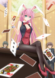  2boys animal_ears bad_id bad_pixiv_id bow bowtie card commentary_request detached_collar female kousaki_yuzuru long_hair multiple_boys original pantyhose photoshop_(medium) playboy_bunny playing_card rabbit_ears rabbit_tail shunrei_(blue_sanctuary) sitting table tail vest wrist_cuffs 